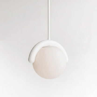 Modern Linear Chandelier with Curved Metal Frame & Glass Sphere – Art Nouveau Pendant Light for Dining Room