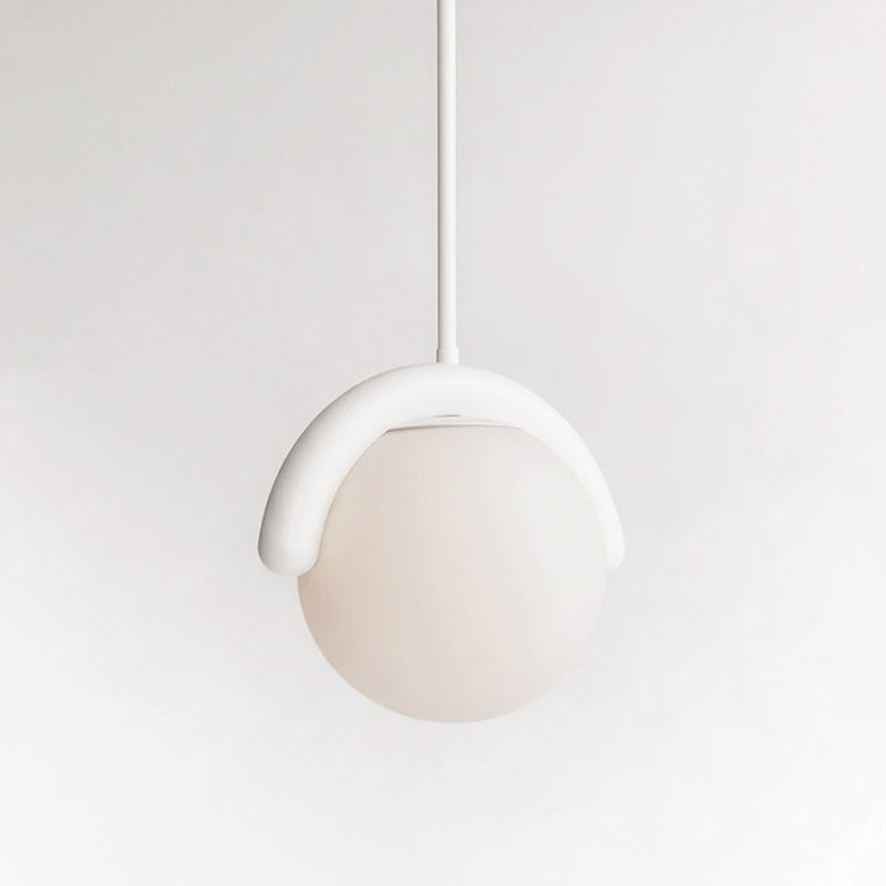 Modern Linear Chandelier with Curved Metal Frame & Glass Sphere – Art Nouveau Pendant Light for Dining Room