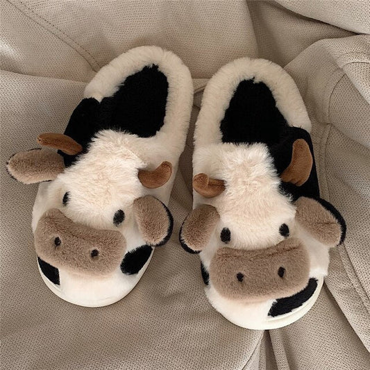 Pantoufles d'intérieur en peluche motif vache pour femme avec semelle antidérapante – Chaussons animaux confortables pour l'automne et l'hiver