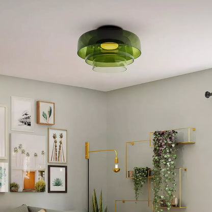 Multi-Tier Glass LED Overhead Light 13–16 Inch Green for Bedroom Living Room Hallway Contemporary Flush Mount Fixture 10W Dimmable