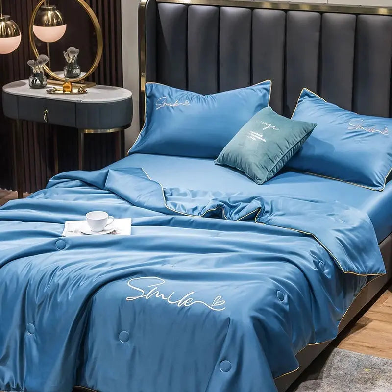 Lightweight Summer Quilt Set | 100% Washed Silk with Elegant Embroidered Design | Comfortable Cooling for Warm Nights