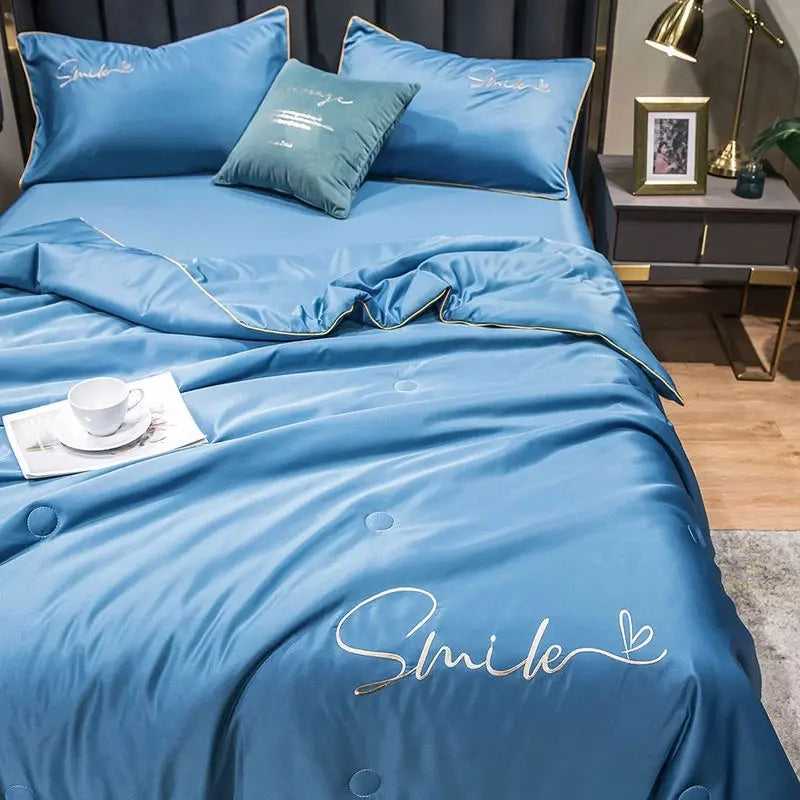 Lightweight Summer Quilt Set | 100% Washed Silk with Elegant Embroidered Design | Comfortable Cooling for Warm Nights
