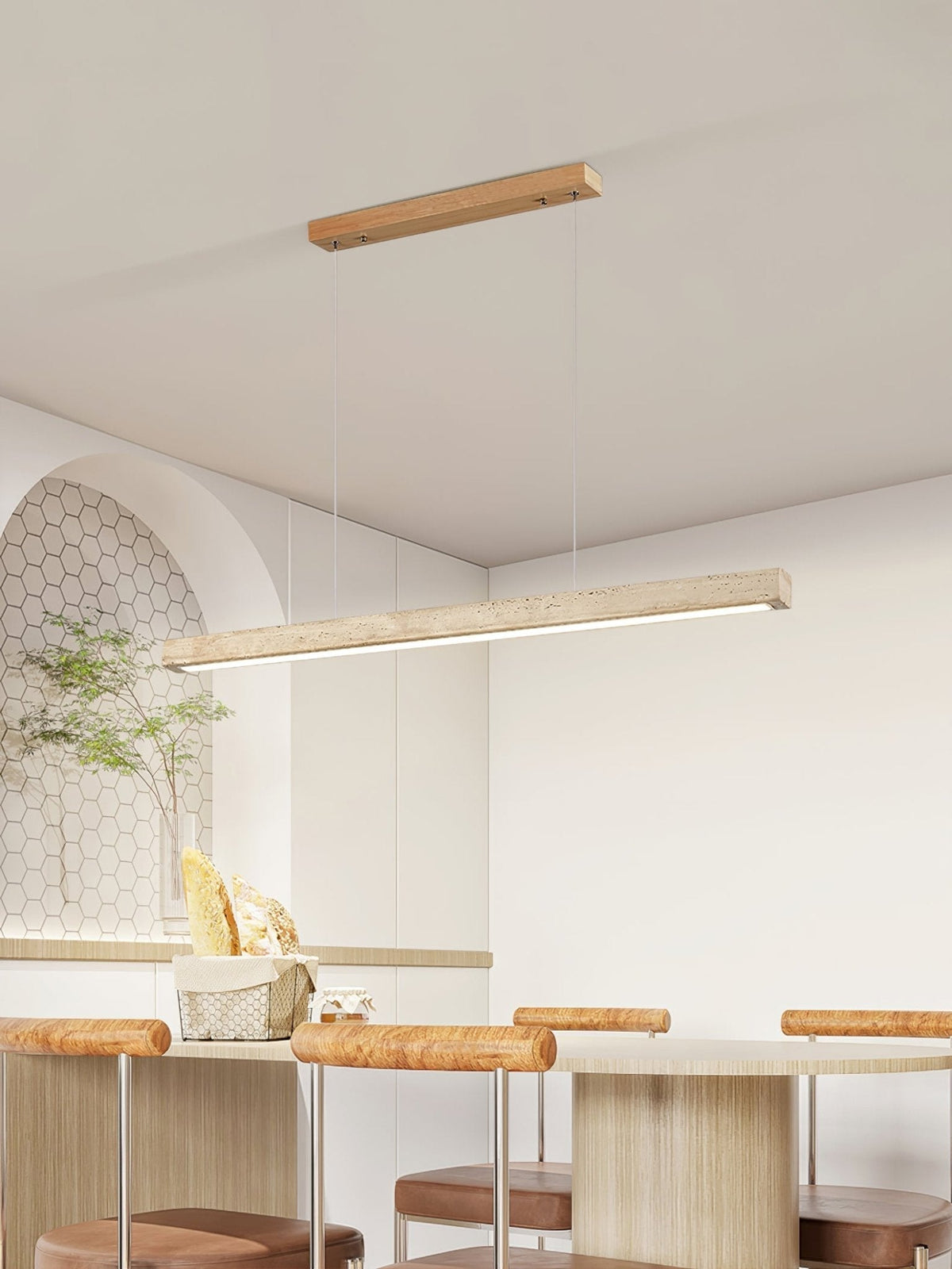 Linear Travertine Pendant Light with Integrated LED – Natural Stone Ceiling Fixture for Dining Room & Living Room – Dimmable Modern