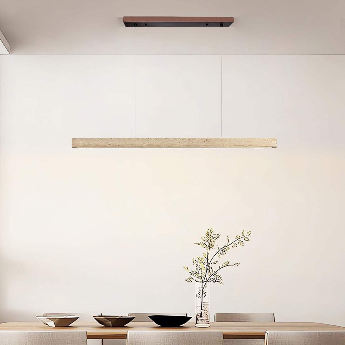 Linear Travertine Pendant Light with Integrated LED – Natural Stone Ceiling Fixture for Dining Room & Living Room – Dimmable Modern
