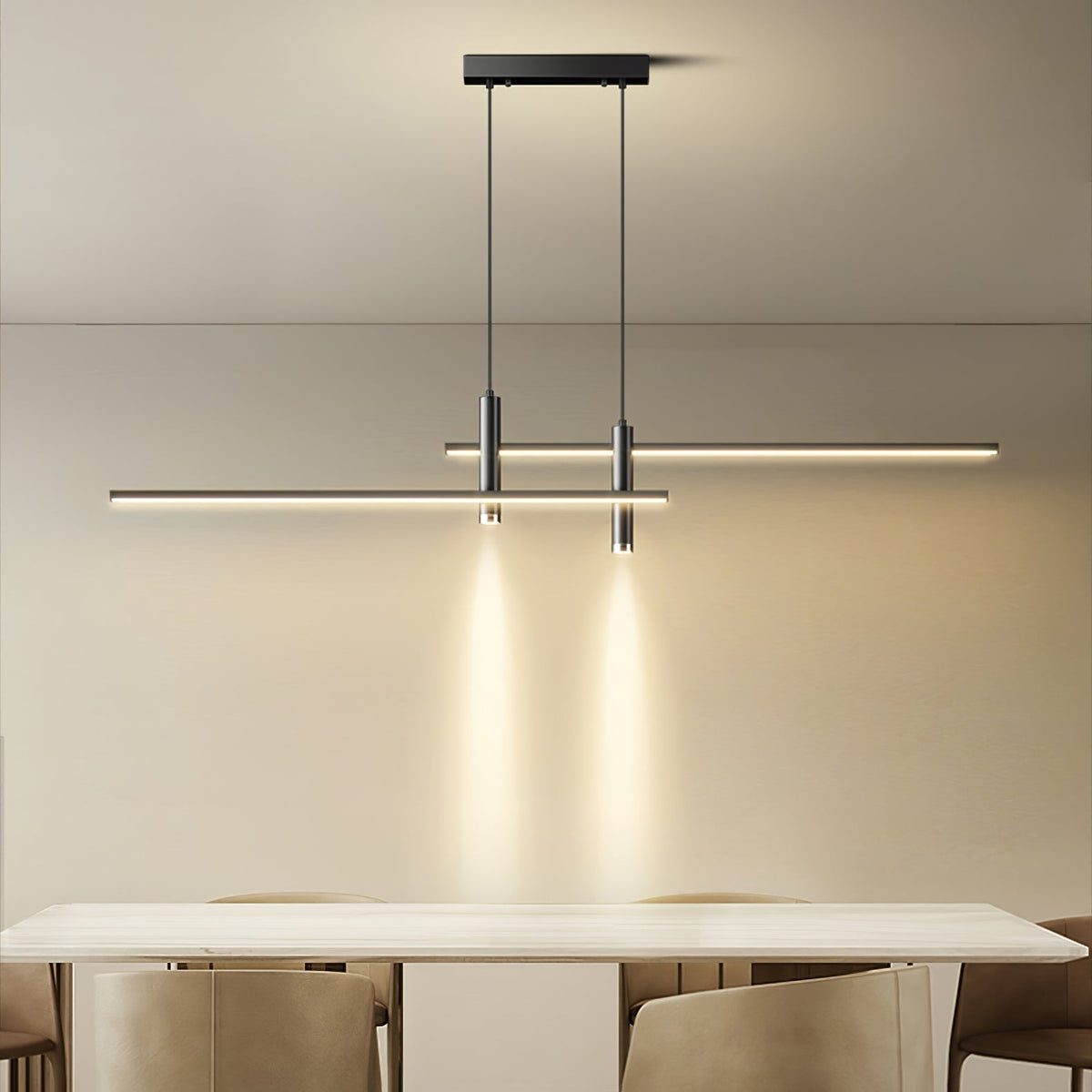 Suspension linéaire à deux spots en métal, luminaire moderne réglable pour îlot de cuisine, salle à manger et salon