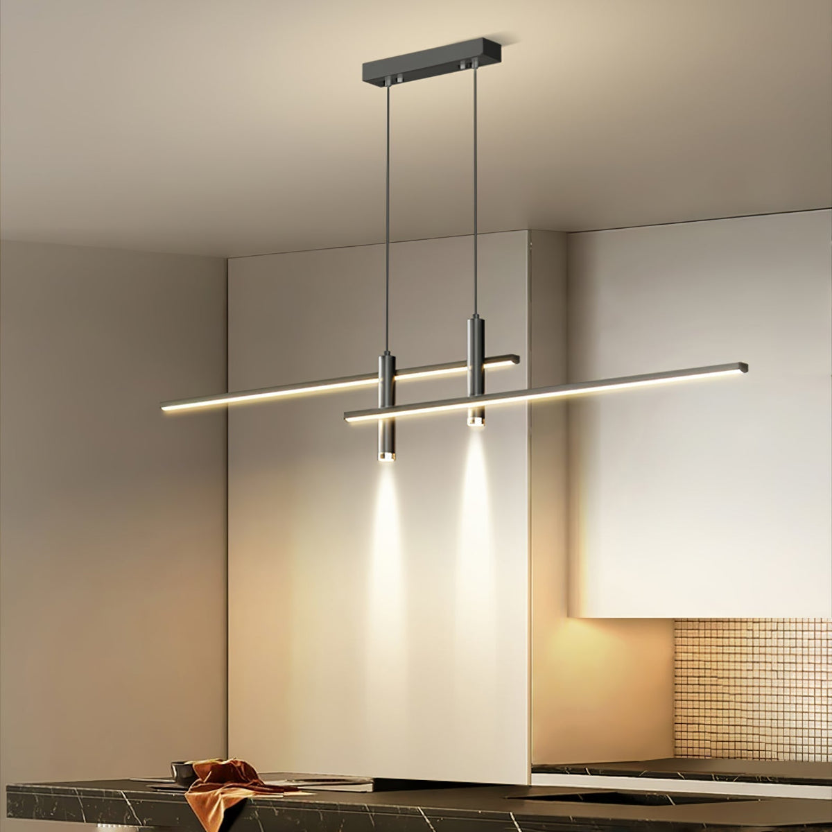 Suspension linéaire à deux spots en métal, luminaire moderne réglable pour îlot de cuisine, salle à manger et salon