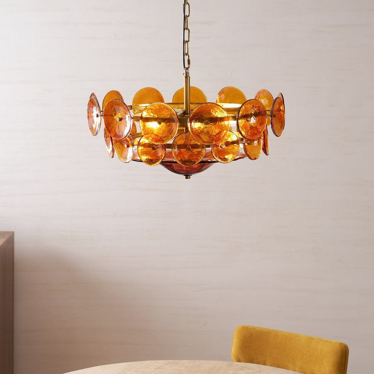 Tiered Glass Disc Pendant Light for Dining Room – Amber Circular Shade Ceiling Fixture – Adjustable Hanging Lamp for Kitchen Island Living R