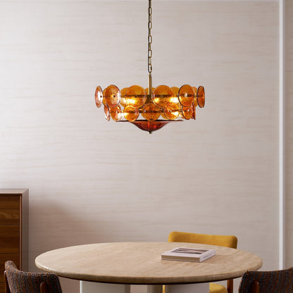 Tiered Glass Disc Pendant Light for Dining Room – Amber Circular Shade Ceiling Fixture – Adjustable Hanging Lamp for Kitchen Island Living R