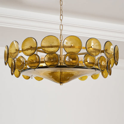 Tiered Glass Disc Pendant Light for Dining Room – Amber Circular Shade Ceiling Fixture – Adjustable Hanging Lamp for Kitchen Island Living R