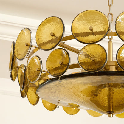 Tiered Glass Disc Pendant Light for Dining Room – Amber Circular Shade Ceiling Fixture – Adjustable Hanging Lamp for Kitchen Island Living R