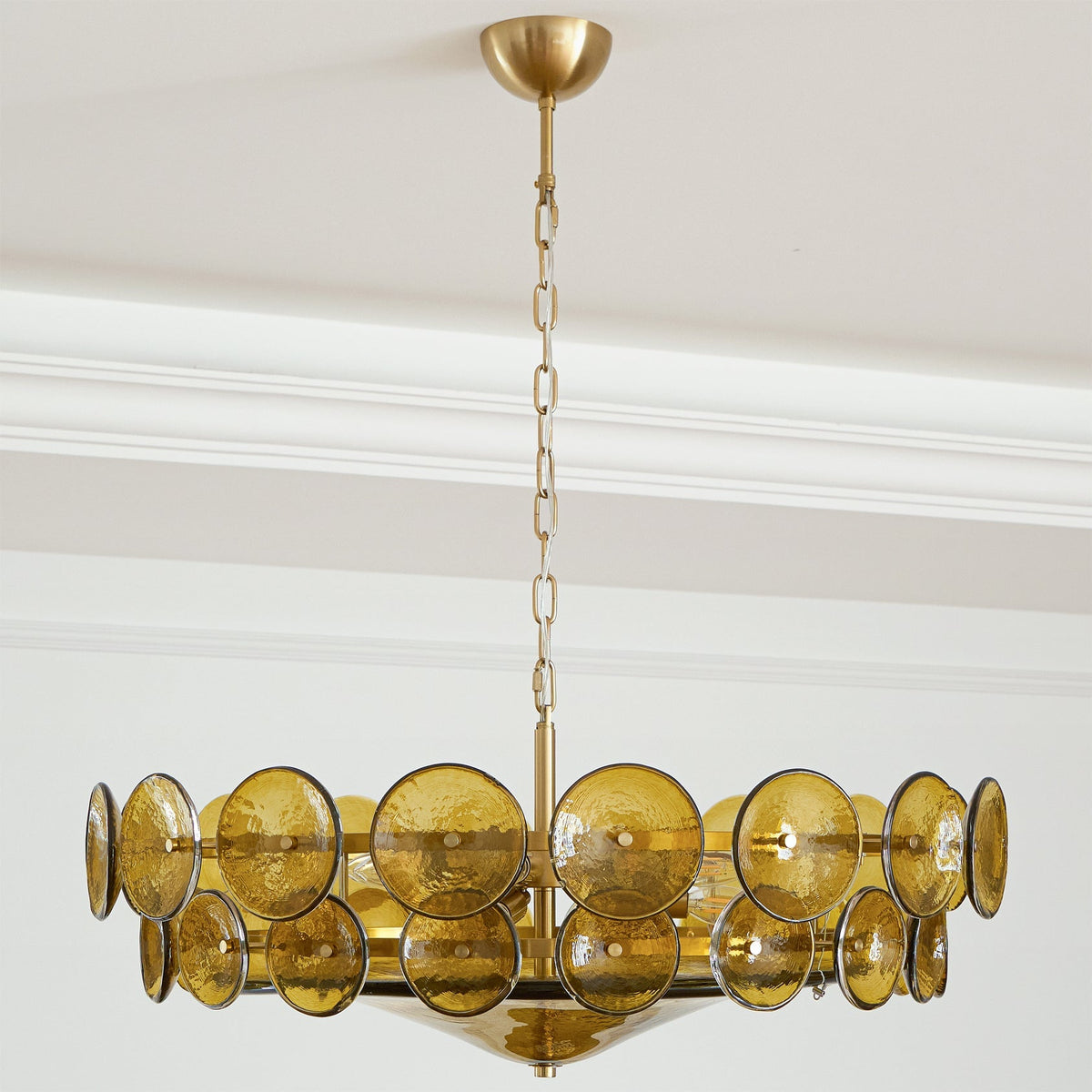 Tiered Glass Disc Pendant Light for Dining Room – Amber Circular Shade Ceiling Fixture – Adjustable Hanging Lamp for Kitchen Island Living R