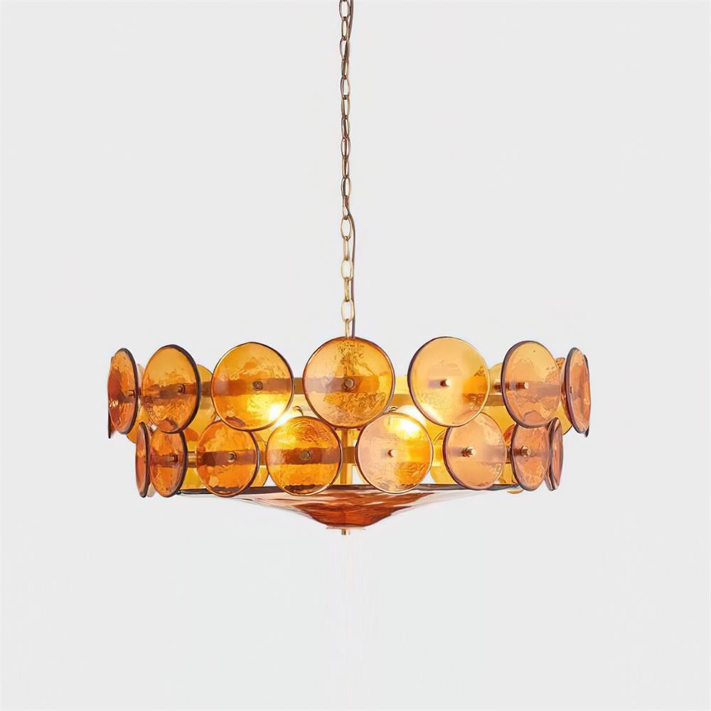 Lustre à disques de verre superposés avec hauteur réglable – Finition métallique chaleureuse pour salles à manger, salons et entrées