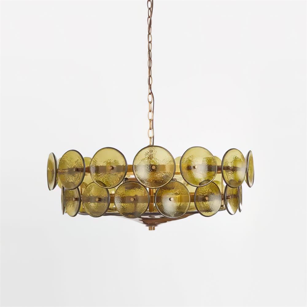 Lustre à disques de verre superposés avec hauteur réglable – Finition métallique chaleureuse pour salles à manger, salons et entrées