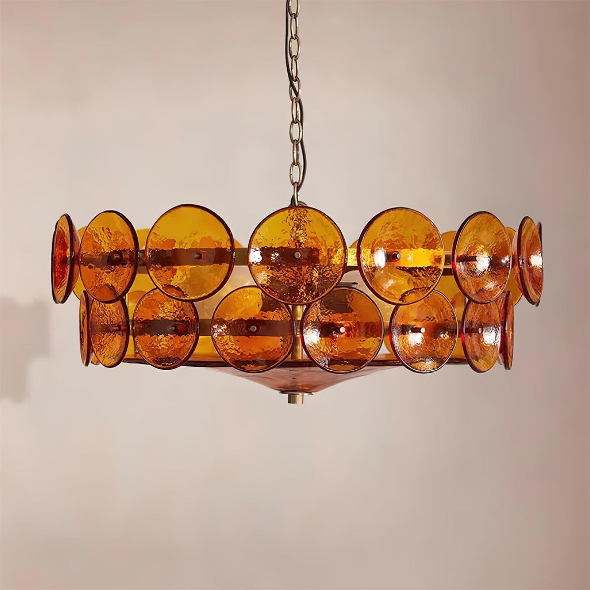 Lustre à disques de verre superposés avec hauteur réglable – Finition métallique chaleureuse pour salles à manger, salons et entrées