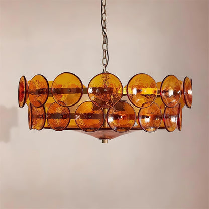 Lustre à disques de verre superposés avec hauteur réglable – Finition métallique chaleureuse pour salles à manger, salons et entrées
