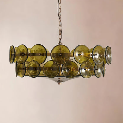 Lustre à disques de verre superposés avec hauteur réglable – Finition métallique chaleureuse pour salles à manger, salons et entrées