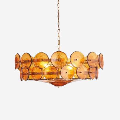 Lustre à disques de verre superposés avec hauteur réglable – Finition métallique chaleureuse pour salles à manger, salons et entrées