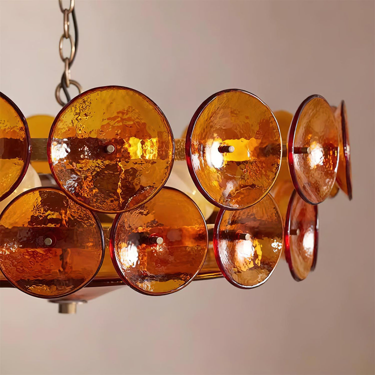 Lustre à disques de verre superposés avec hauteur réglable – Finition métallique chaleureuse pour salles à manger, salons et entrées