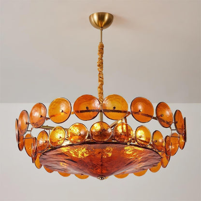 Lustre à disques de verre superposés avec hauteur réglable – Finition métallique chaleureuse pour salles à manger, salons et entrées
