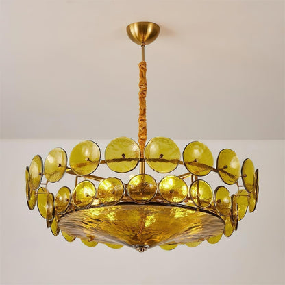 Lustre à disques de verre superposés avec hauteur réglable – Finition métallique chaleureuse pour salles à manger, salons et entrées