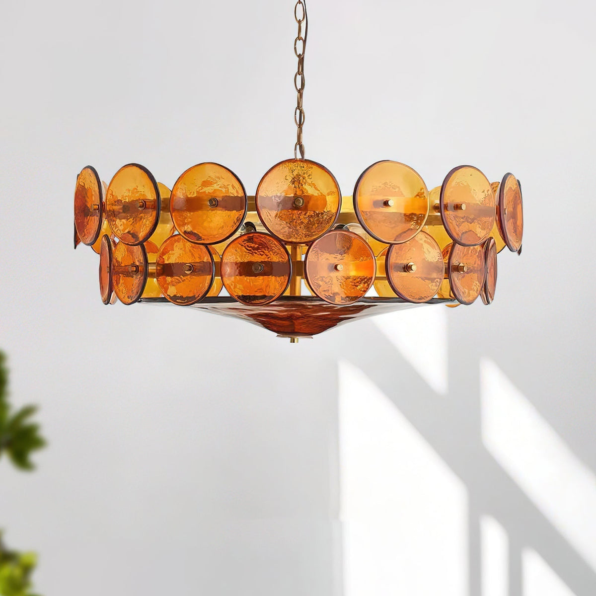 Lustre à disques de verre superposés avec hauteur réglable – Finition métallique chaleureuse pour salles à manger, salons et entrées