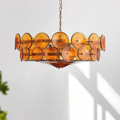 Lustre à disques de verre superposés avec hauteur réglable – Finition métallique chaleureuse pour salles à manger, salons et entrées