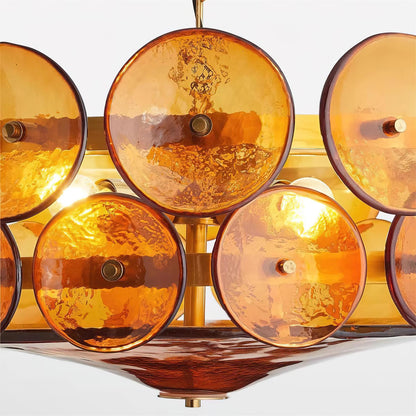 Lustre à disques de verre superposés avec hauteur réglable – Finition métallique chaleureuse pour salles à manger, salons et entrées