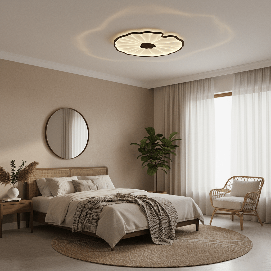 Wood-Look LED Ceiling Light Flush Mount with Botanical Curved Edge Design for Bedroom Living Room Kitchen