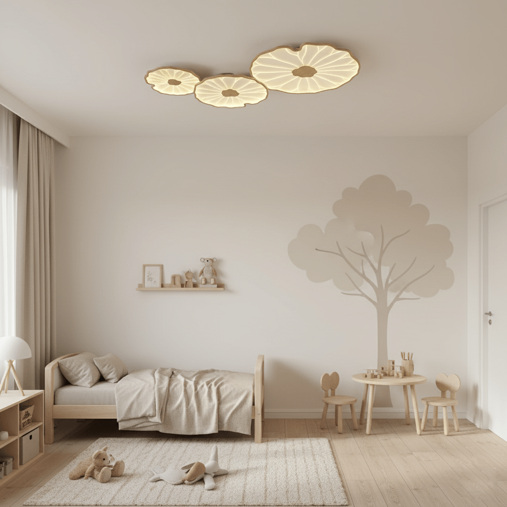 Wood-Look LED Ceiling Light Flush Mount with Botanical Curved Edge Design for Bedroom Living Room Kitchen