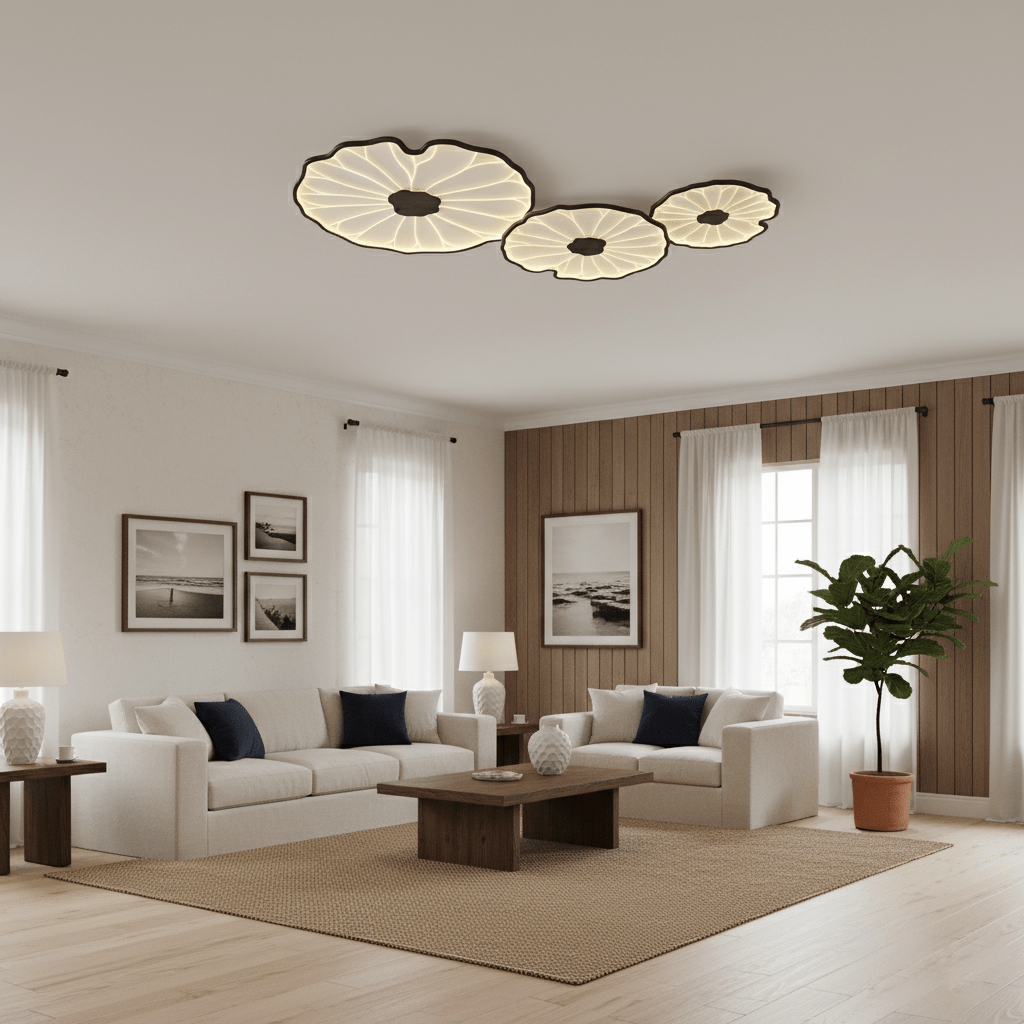Wood-Look LED Ceiling Light Flush Mount with Botanical Curved Edge Design for Bedroom Living Room Kitchen