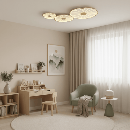 Wood-Look LED Ceiling Light Flush Mount with Botanical Curved Edge Design for Bedroom Living Room Kitchen