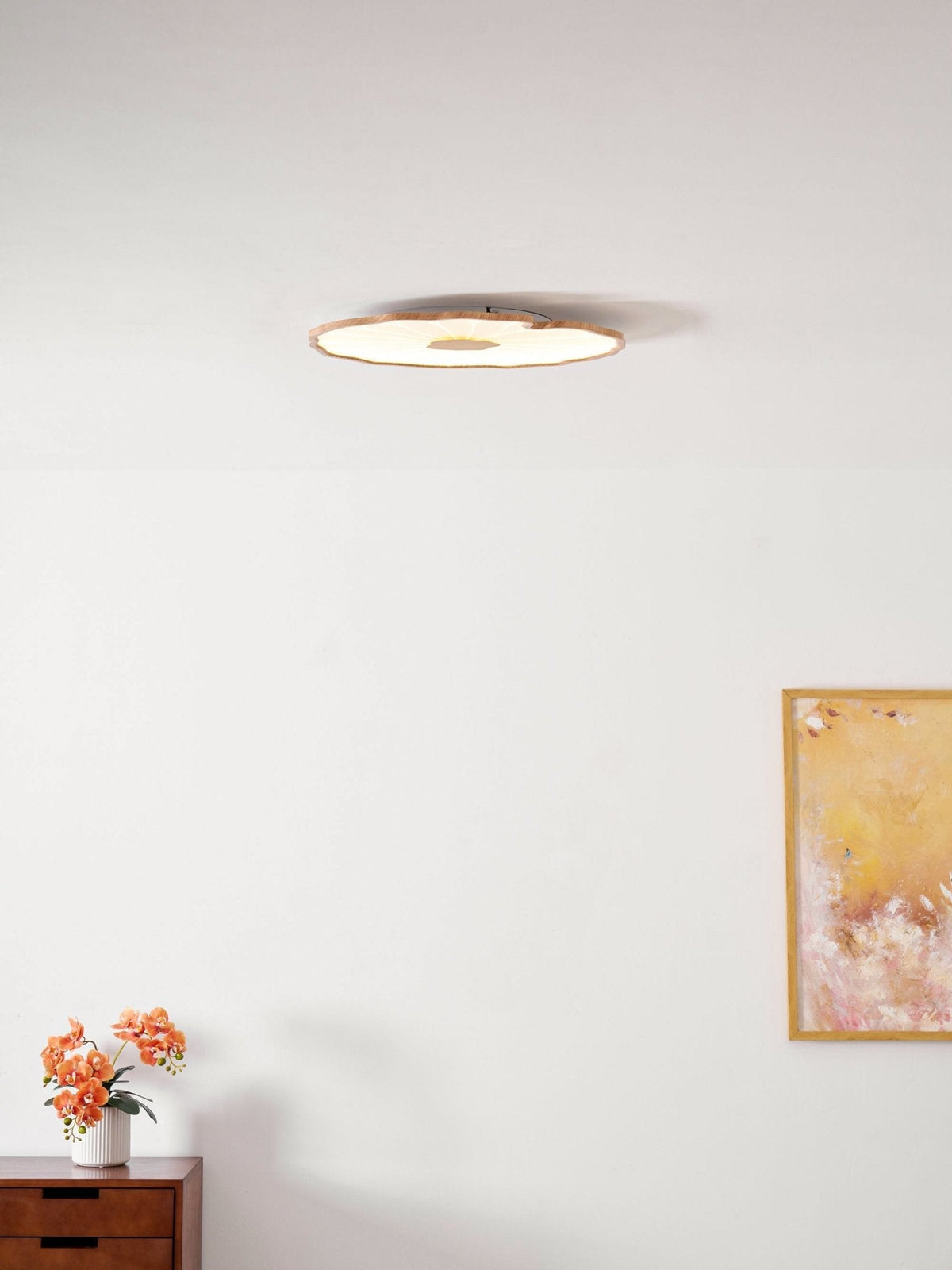 Sculptural Leaf Flush Mount Light with Integrated LED 53 in Acrylic Wood-Tone Ceiling Fixture for Living Room Bedroom Dining Room Modern Jap