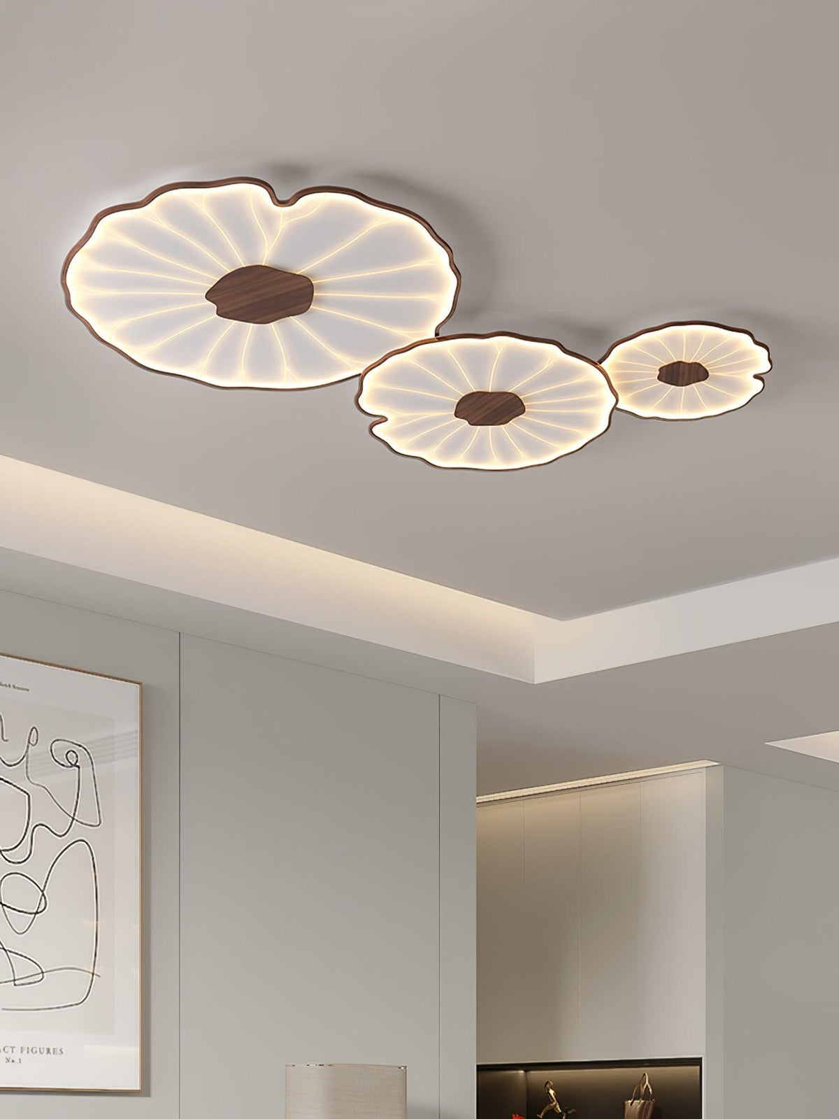 Sculptural Leaf Flush Mount Light with Integrated LED 53 in Acrylic Wood-Tone Ceiling Fixture for Living Room Bedroom Dining Room Modern Jap