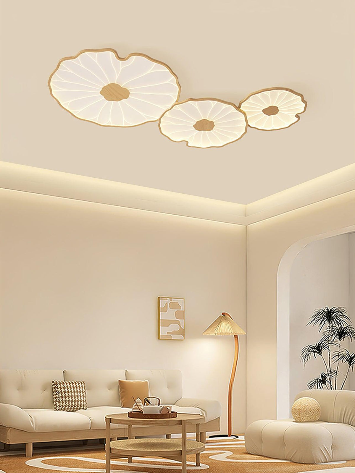 Sculptural Leaf Flush Mount Light with Integrated LED 53 in Acrylic Wood-Tone Ceiling Fixture for Living Room Bedroom Dining Room Modern Jap