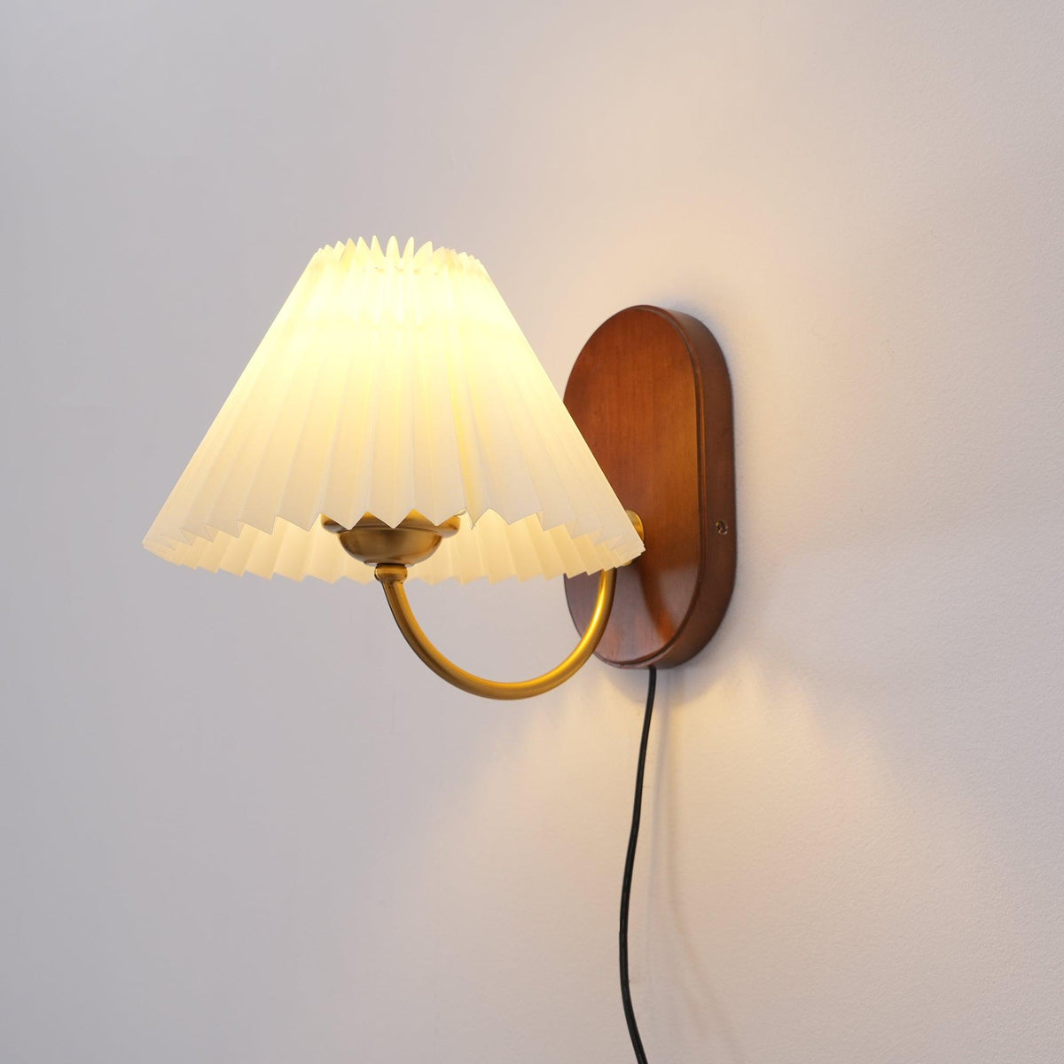 Plug-In Sconce Light with Pleated Shade and Walnut Accents 12 Inch Square for Bedside Reading Nooks Hallways