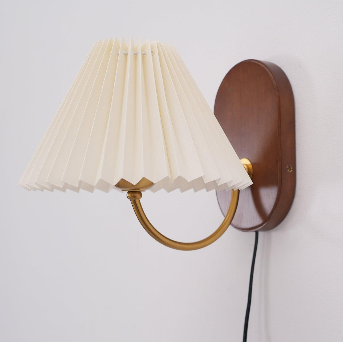 Plug-In Sconce Light with Pleated Shade and Walnut Accents 12 Inch Square for Bedside Reading Nooks Hallways