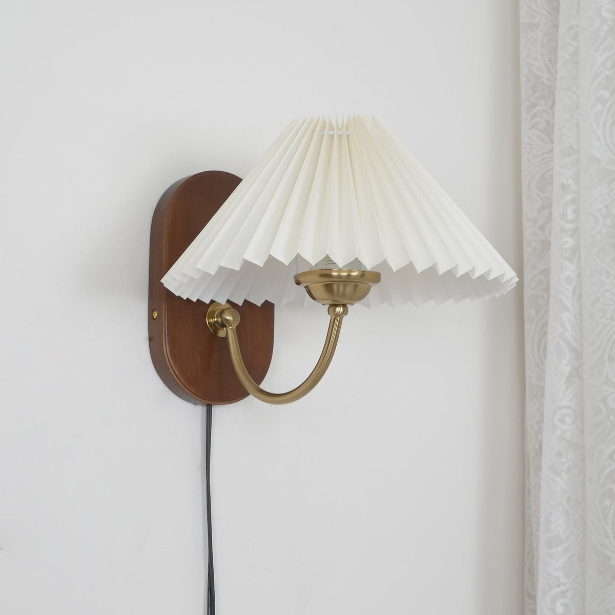 Plug-In Sconce Light with Pleated Shade and Walnut Accents 12 Inch Square for Bedside Reading Nooks Hallways
