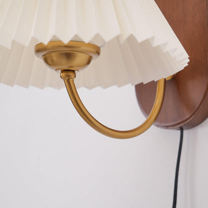 Plug-In Sconce Light with Pleated Shade and Walnut Accents 12 Inch Square for Bedside Reading Nooks Hallways