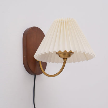 Plug-In Sconce Light with Pleated Shade and Walnut Accents 12 Inch Square for Bedside Reading Nooks Hallways