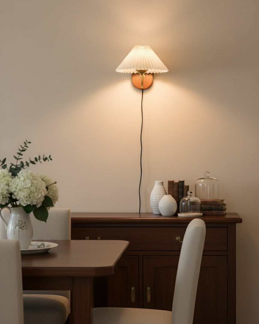 Plug-In Sconce Light with Pleated Shade and Walnut Accents 12 Inch Square for Bedside Reading Nooks Hallways
