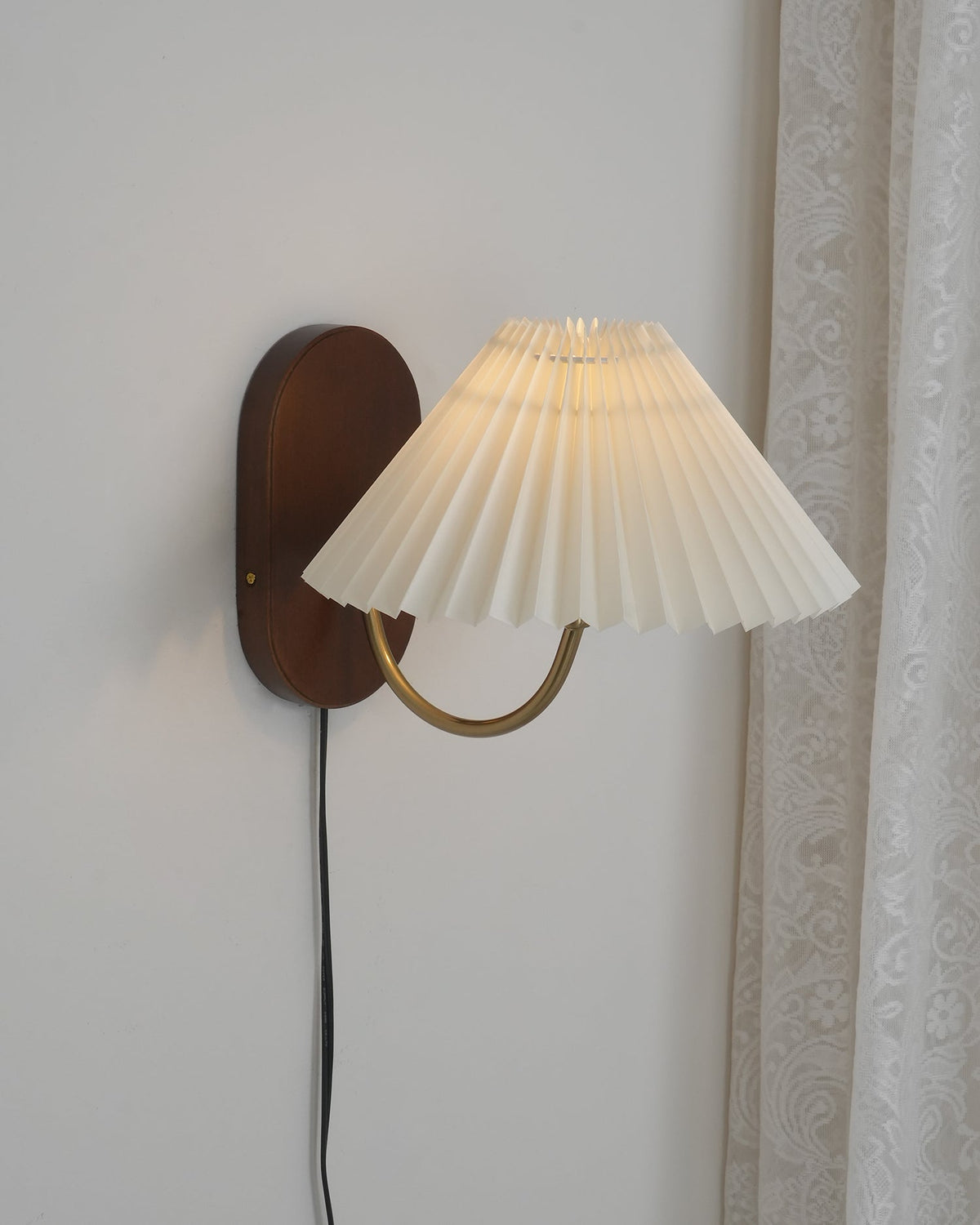 Plug-In Sconce Light with Pleated Shade and Walnut Accents 12 Inch Square for Bedside Reading Nooks Hallways