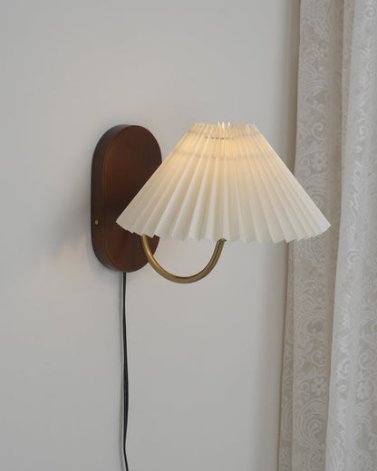 Plug-In Sconce Light with Pleated Shade and Walnut Accents 12 Inch Square for Bedside Reading Nooks Hallways