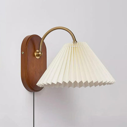 Plug-In Sconce Light with Pleated Shade and Walnut Accents 12 Inch Square for Bedside Reading Nooks Hallways