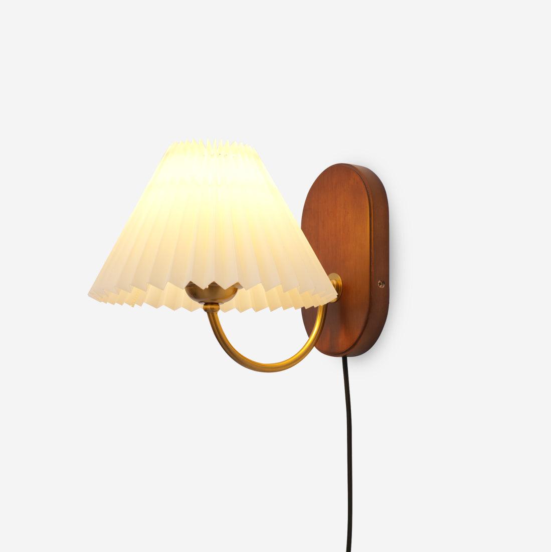 Plug-In Sconce Light with Pleated Shade and Walnut Accents 12 Inch Square for Bedside Reading Nooks Hallways