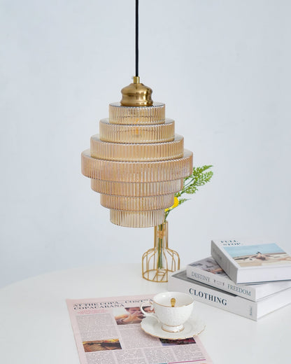 Tiered Glass Ceiling Pendant 9.8 Inch Fixture Warm Glow Hanging Lamp Ridged Shade Brass Detail Adjustable Height Amber Smoke Gray E26 Bulb D