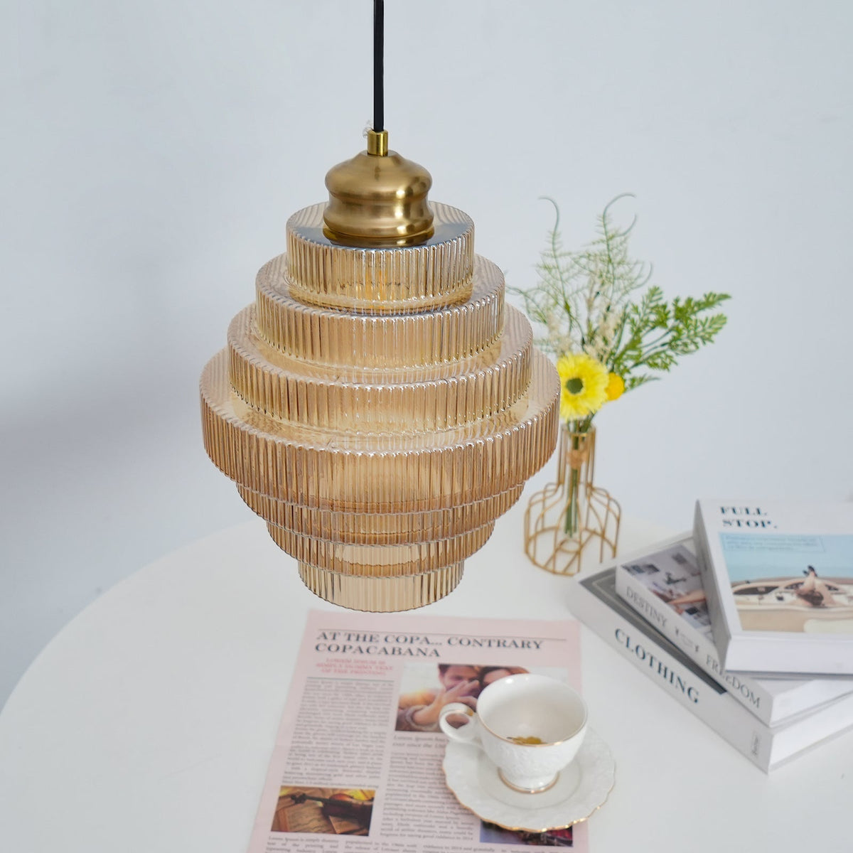 Tiered Glass Ceiling Pendant 9.8 Inch Fixture Warm Glow Hanging Lamp Ridged Shade Brass Detail Adjustable Height Amber Smoke Gray E26 Bulb D