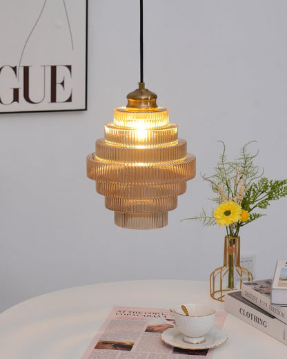 Tiered Glass Ceiling Pendant 9.8 Inch Fixture Warm Glow Hanging Lamp Ridged Shade Brass Detail Adjustable Height Amber Smoke Gray E26 Bulb D
