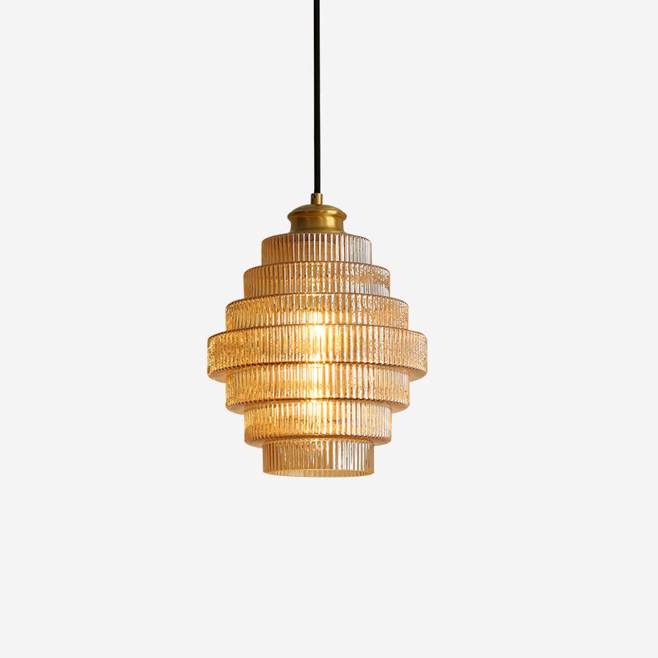 Tiered Glass Ceiling Pendant 9.8 Inch Fixture Warm Glow Hanging Lamp Ridged Shade Brass Detail Adjustable Height Amber Smoke Gray E26 Bulb D