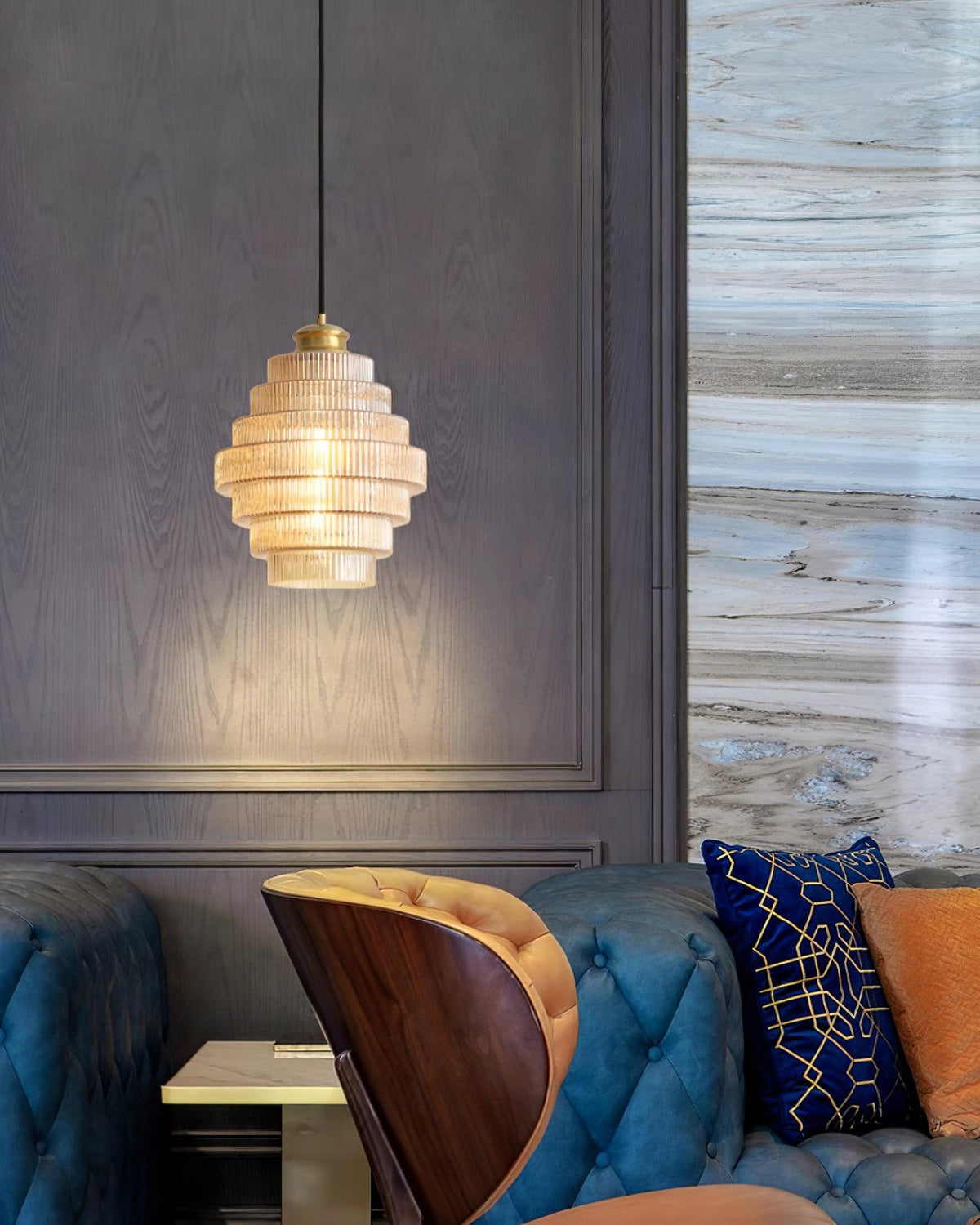 Tiered Glass Ceiling Pendant 9.8 Inch Fixture Warm Glow Hanging Lamp Ridged Shade Brass Detail Adjustable Height Amber Smoke Gray E26 Bulb D