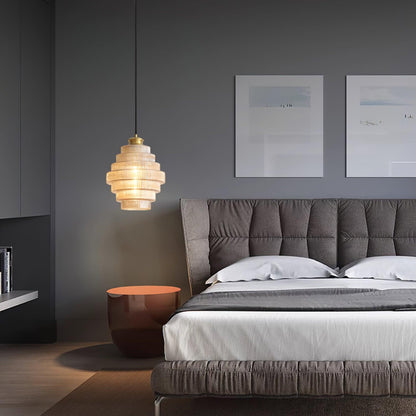 Tiered Glass Ceiling Pendant 9.8 Inch Fixture Warm Glow Hanging Lamp Ridged Shade Brass Detail Adjustable Height Amber Smoke Gray E26 Bulb D